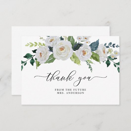 アイボリーホワイトフローラ緑エレガントブライダルシャワー サンキューカード (正面/裏面)