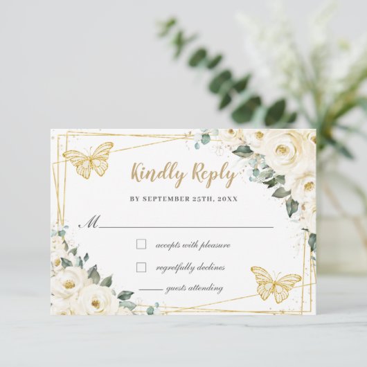 アイボリーホワイトフローラ金ゴールドキンセアニラプリンセス返信 出欠カード (スタンド正面)