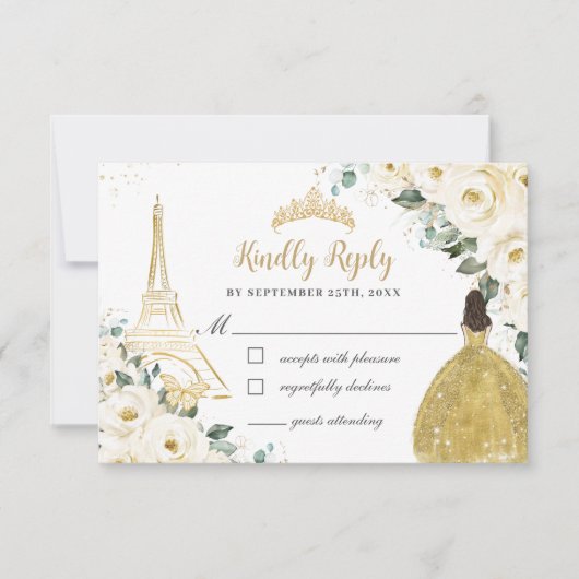 アイボリーホワイトフローラ金ゴールドパリプリンセスキンセアニラ 出欠カード (正面)