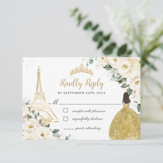 アイボリーホワイトフローラ金ゴールドパリプリンセスキンセアニラ 出欠カード (スタンド正面)