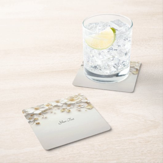 アイボリーホワイトフローラ金ゴールド離れ紙コースター スクエアペーパーコースター (インサイチュ)