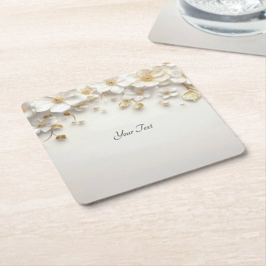 アイボリーホワイトフローラ金ゴールド離れ紙コースター スクエアペーパーコースター (アングル)