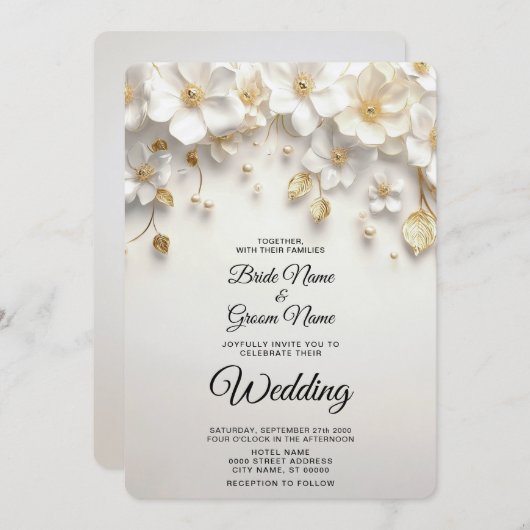 アイボリーホワイトフローラ離れ金ゴールド結婚式招待状 招待状 (正面/裏面)