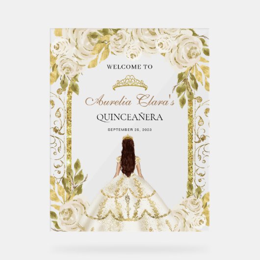 アイボリーホワイトプリンセスフローラキンセアニェラ誕生日 アクリルサイン (正面)