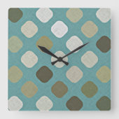 アイボリーホワイトベージュティール（緑がかった色）ブルーラウンド正方形パターン スクエア壁時計 (正面)