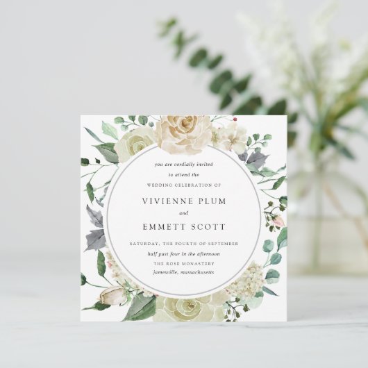 アイボリーホワイトローズアジサイフローラ 招待状 (スタンド正面)