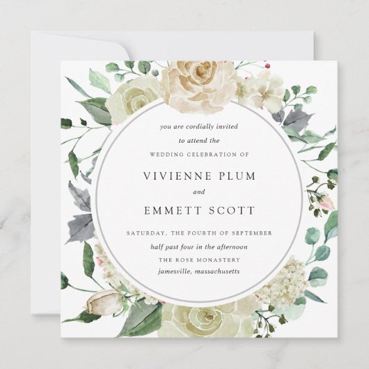 アイボリーホワイトローズアジサイフローラ 招待状 (正面)