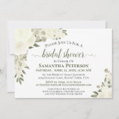 アイボリーホワイトローズウォーターカラーフローラブライダルシャワー 招待状 (正面)