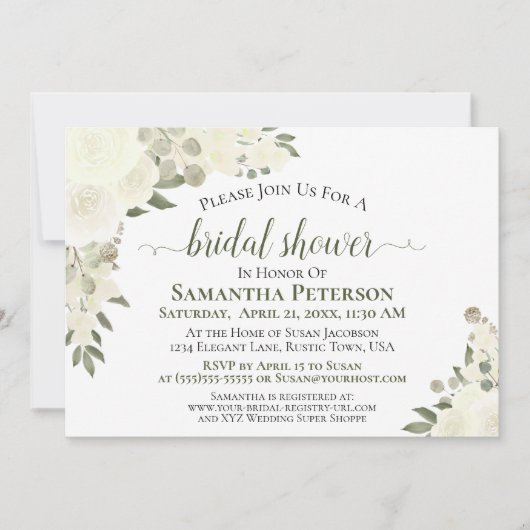 アイボリーホワイトローズウォーターカラーフローラブライダルシャワー 招待状 (正面)