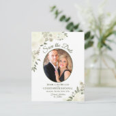 アイボリーホワイトローズオーバルフォトウェディング日付を保存 案内ポストカード (スタンド正面)