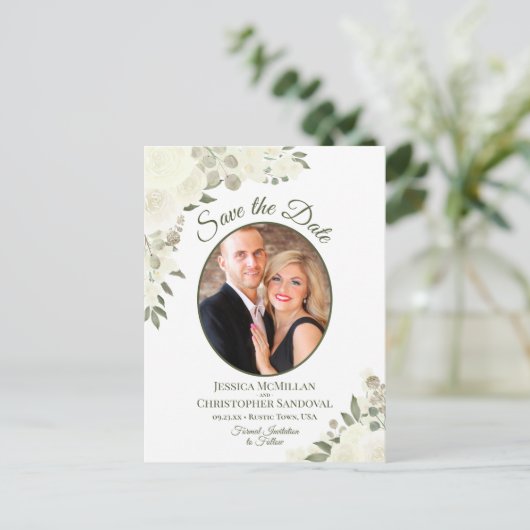 アイボリーホワイトローズオーバルフォトウェディング日付を保存 案内ポストカード (スタンド正面)