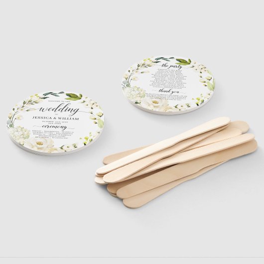 アイボリーホワイトローズグリーンリーフローラ結婚式 プログラム ハンドファン (組立なし)