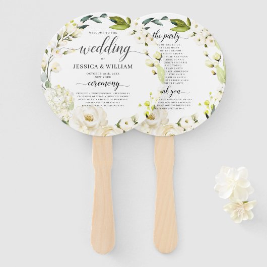 アイボリーホワイトローズグリーンリーフローラ結婚式 プログラム ハンドファン (正面&裏面)