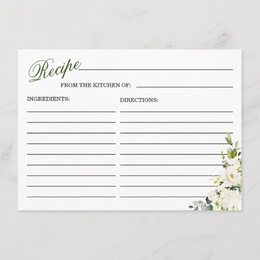 アイボリーホワイトローズフローラブライダルシャワーレシピカード エンクロージャーカード (正面)