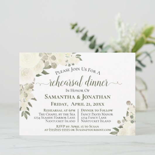 アイボリーホワイトローズフローラ結婚ズリハーサルディナー 招待状 (スタンド正面)