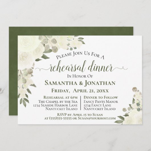 アイボリーホワイトローズフローラ結婚ズリハーサルディナー 招待状 (正面/裏面)