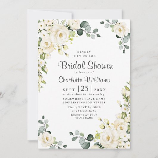 アイボリーホワイトローズユーカリプトゥスグリーンブライダルシャワー 招待状 (正面)