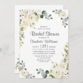 アイボリーホワイトローズユーカリプトゥスグリーンブライダルシャワー 招待状 (正面/裏面)