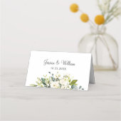 アイボリーホワイトローゼスフローラ結婚グリーンリーのテーブル プレイスカード (裏面)