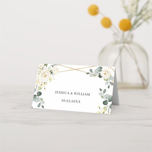 アイボリーホワイトローゼスフローラ結婚グリーンリーのテーブル プレイスカード (裏面)