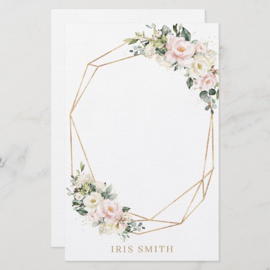 アイボリーホワイト赤面ピンクフローラ金ゴールドジオメトリノート 便箋 (正面/裏面)