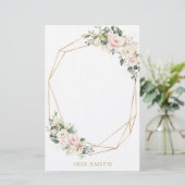 アイボリーホワイト赤面ピンクフローラ金ゴールドジオメトリノート 便箋 (スタンド正面)