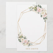 アイボリーホワイト赤面ピンクフローラ金ゴールドジオメトリノート 便箋 (正面/裏面)