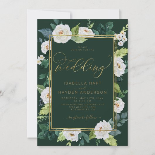 アイボリーホワイト金ゴールドエレガンフローラエメラルド結婚ズ 招待状 (正面)