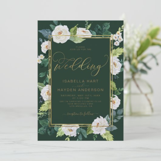 アイボリーホワイト金ゴールドエレガンフローラエメラルド結婚ズ 招待状 (スタンド正面)