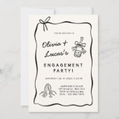 アイボリーホワイト&ブラックハンドドロー婚約パーティ 招待状 (正面)