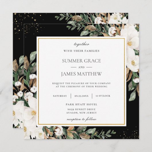 アイボリーマグノリアス綿フローラグリーン結婚リー 招待状 (正面/裏面)