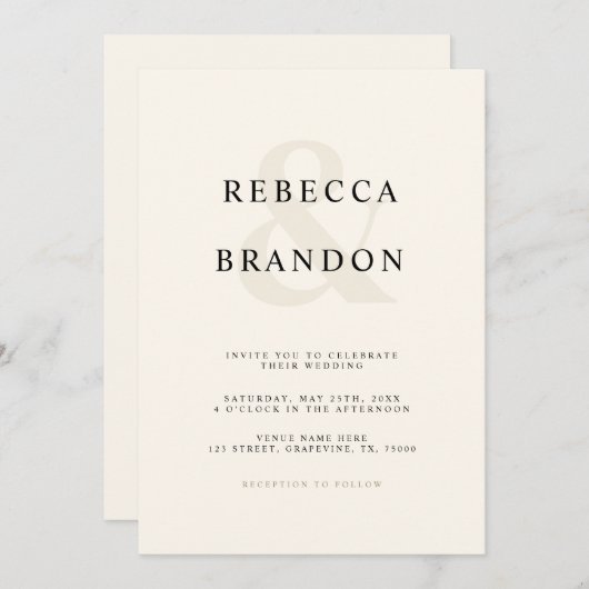 アイボリーミニマリストアンパサンド結婚オールインワン 招待状 (正面/裏面)