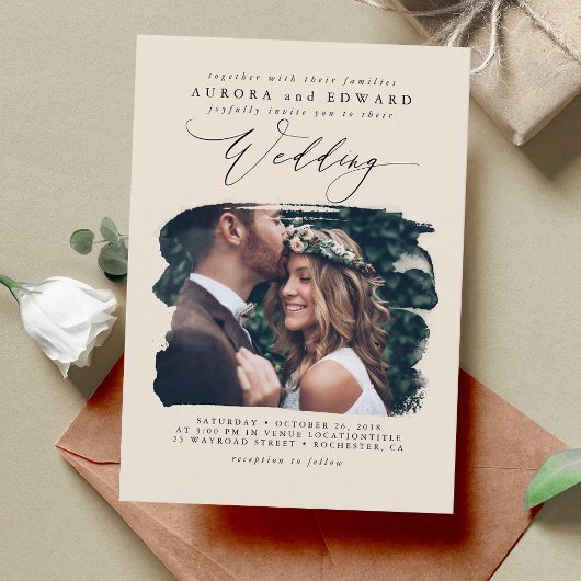 アイボリーモダンスタイリッシュボホ結婚の写真招待状 招待状