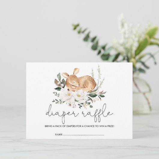 アイボリーモダンフラワーウッドランドディアおむつラッフル エンクロージャーカード (スタンド正面)