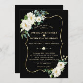 アイボリーモダンホワイトフラワーズバラ金ゴールドブラック結婚ズ 招待状 (正面/裏面)