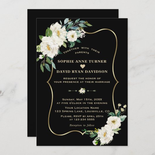 アイボリーモダンホワイトフラワーズバラ金ゴールドブラック結婚ズ 招待状 (正面/裏面)