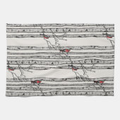 アイボリーモダン樺の木樹木赤（鳥）ショウジョウコウカンチョウ鳥 キッチンタオル (横)