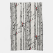 アイボリーモダン樺の木樹木赤（鳥）ショウジョウコウカンチョウ鳥 キッチンタオル (縦)
