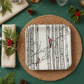 アイボリーモダン樺の木樹木赤(鳥)ショウジョウコウカンチョウ鳥 ペーパープレート