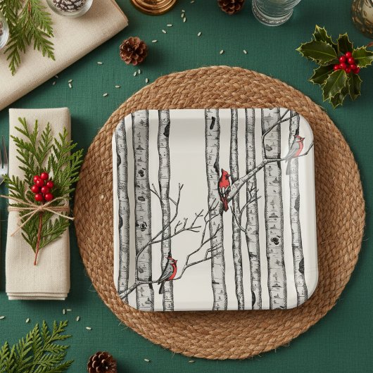 アイボリーモダン樺の木樹木赤(鳥)ショウジョウコウカンチョウ鳥 ペーパープレート