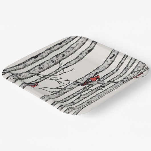 アイボリーモダン樺の木樹木赤(鳥)ショウジョウコウカンチョウ鳥 ペーパープレート (傾斜あり)