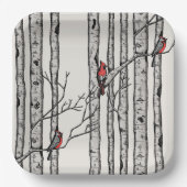 アイボリーモダン樺の木樹木赤(鳥)ショウジョウコウカンチョウ鳥 ペーパープレート (正面)