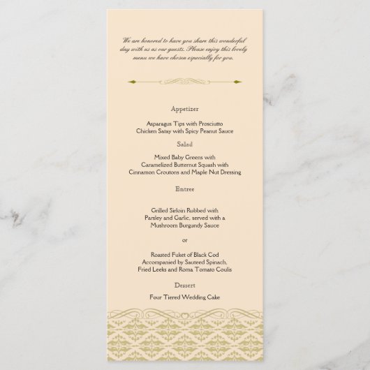 アイボリーモダン金ゴールドのメ結婚ニューのダマスク メニュー (正面)