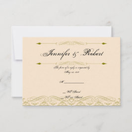 アイボリーモダン金ゴールドの応答カー結婚ドにダマスク 出欠カード