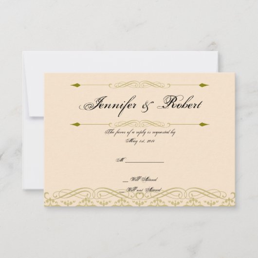 アイボリーモダン金ゴールドの応答カー結婚ドにダマスク 出欠カード (正面)