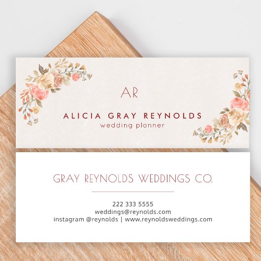 アイボリーモノグラムウォーターカラーフローラウェディングプランナー スキニー名刺