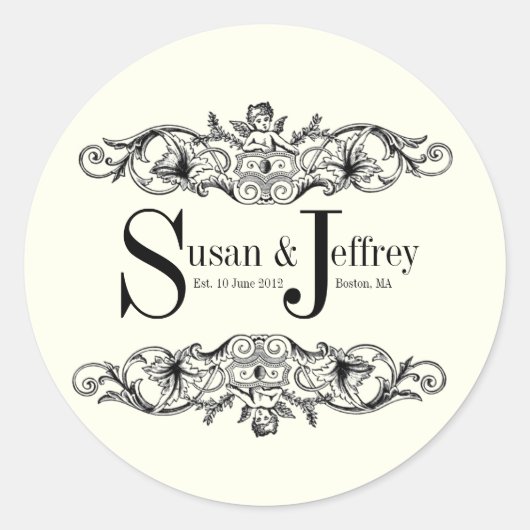 アイボリーモノグラムロゴ名結婚日付のラベル ラウンドシール (正面)