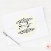 アイボリーモノグラムロゴ名結婚日付のラベル ラウンドシール (封筒)