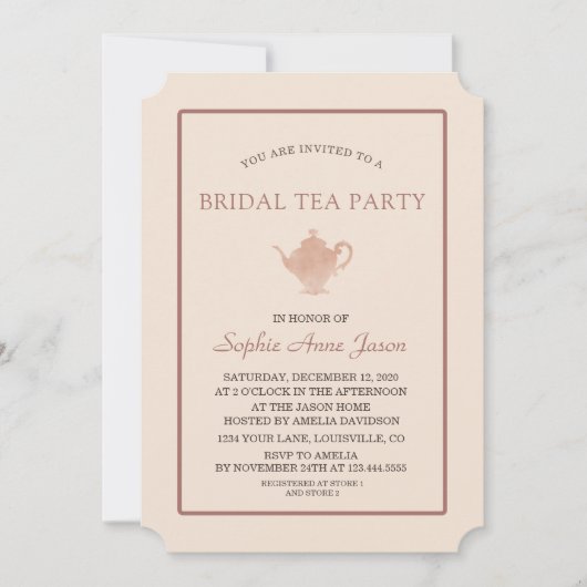 アイボリーユニークダークピーチブライダルシャワーティーパーティー 招待状 (正面)