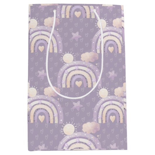アイボリーラベンダーボホレインボーベビーガールシャワーギフト ミディアムペーパーバッグ (正面)